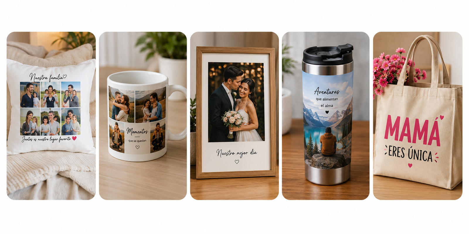 Ejemplos de pedidos personalizados: cojín, taza, cuadro, vaso térmico y bolsa